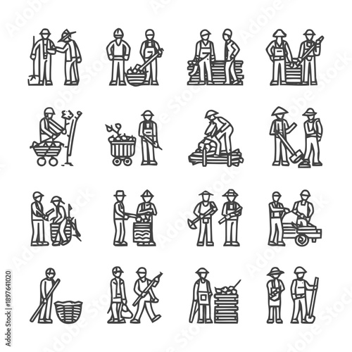 Collection of various line art illustrations depicting agricultural workers in action.