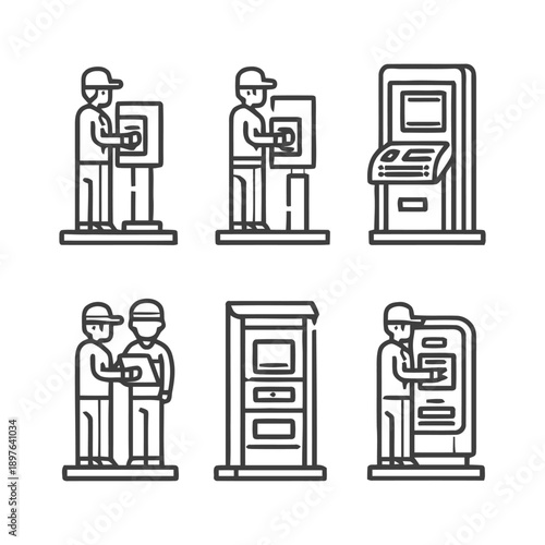 People interacting with automated teller machines in various scenarios.
