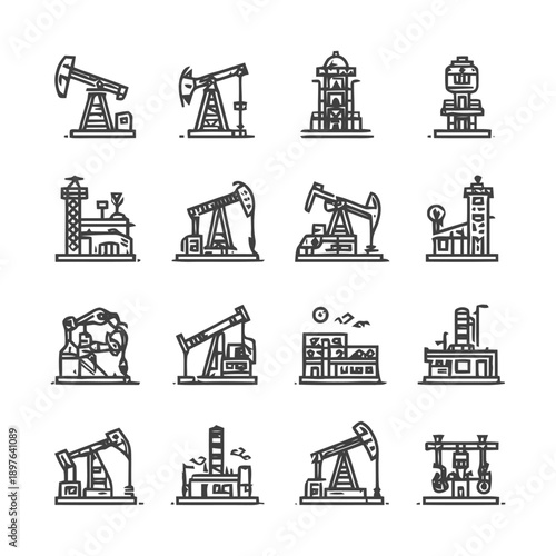 Oil industry icons representing various aspects of energy production.