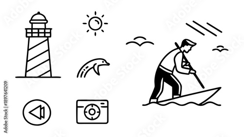 Black and white line drawing of a man rowing a boat near a lighthouse