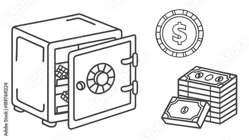 A line drawing of an open safe with money and a coin