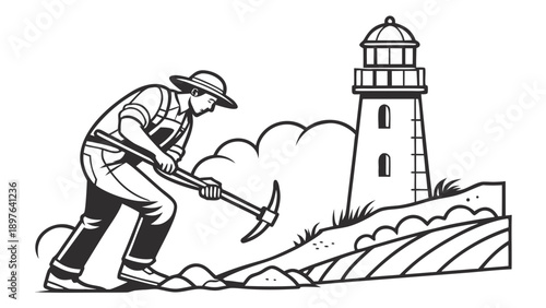 Man in a hat digging near a lighthouse on a hill with a pickaxe