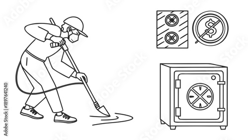 Thief wearing a mask breaking into a safe with a drill and tools nearby