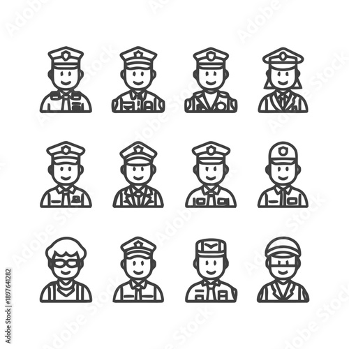 Diverse Uniformed Professionals: A Collection of Line Art Icons.