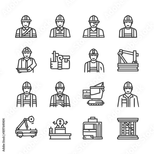 Construction Workers and Equipment: Line Art Icons Set.