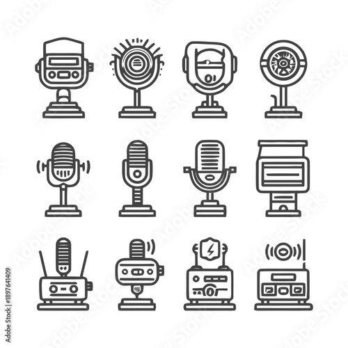 Collection of Microphone Icons for Audio Recording and Broadcasting.