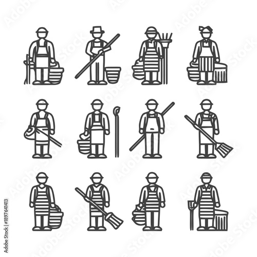 Cleaning Crew Icons: A Collection of Housekeeping and Janitorial Workers.