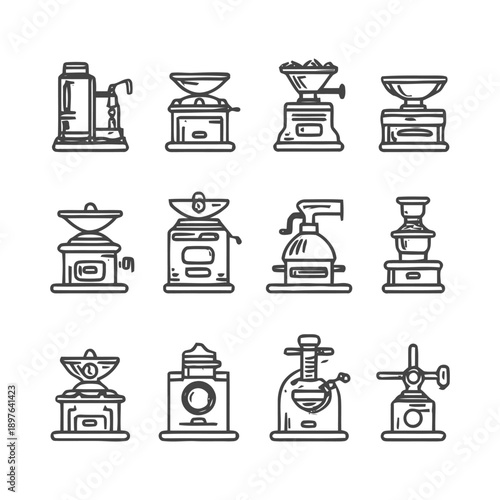 Collection of coffee grinders in line art style.