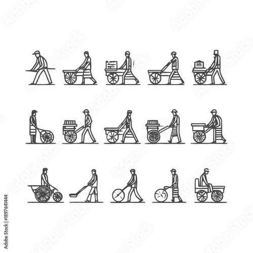 Collection of Hand-Drawn Illustrations of Street Vendors and Carts.