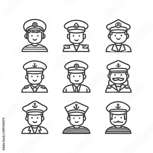 Nine sailor portraits in uniform line art style vector illustration.