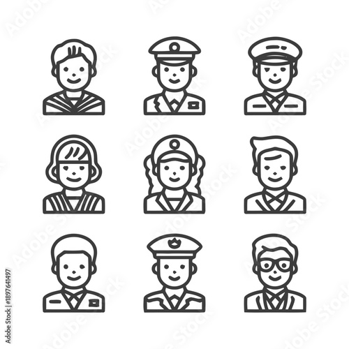 Diverse professions and occupations in simple line art style.