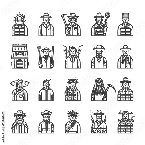Line art illustrations of various people with hats and tools.