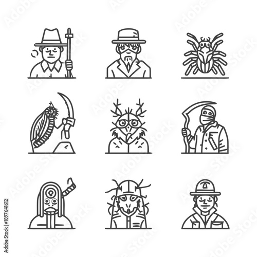Line art illustrations of people and insects in hats and masks.
