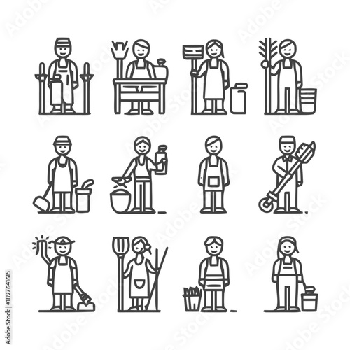 Cleaning Crew Icons: Diverse Line Art Illustrations.