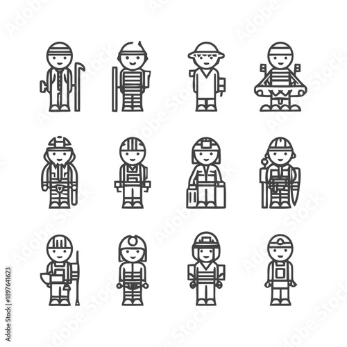 Diverse Line Art Illustrations of Various Professions and Occupations.
