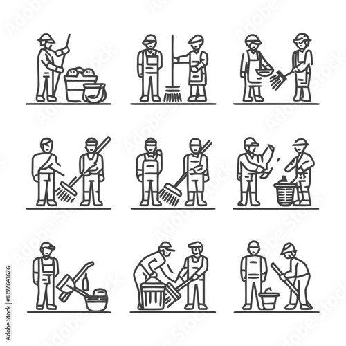 Cleaning Crew: A Collection of Line Art Illustrations Depicting Sanitation Workers.
