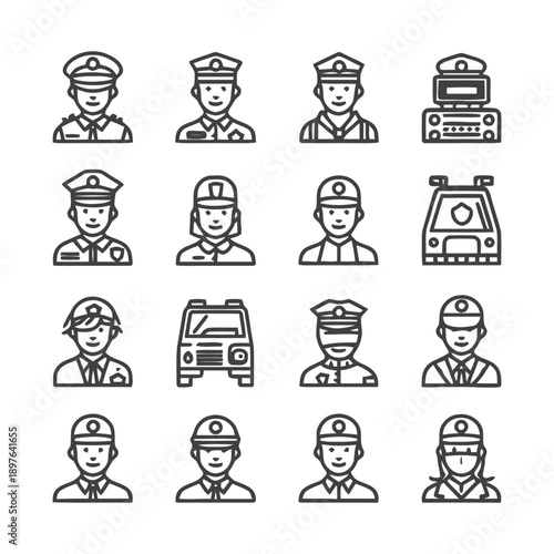 Police Officer Icons: Diverse Uniforms and Professions.