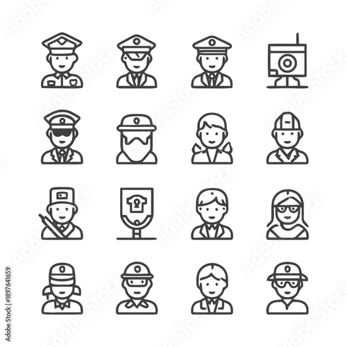 Collection of various professions and occupations in line art style.