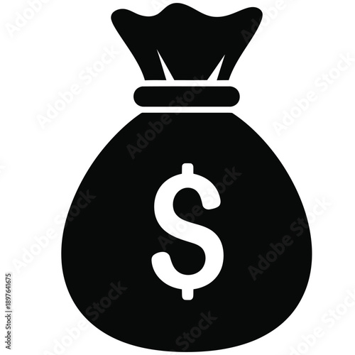 Black money bag icon with dollar sign on white background.