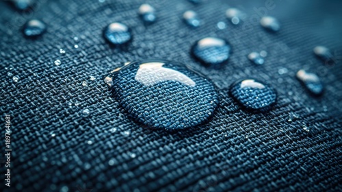 Water wicking fabric behavior detailed macro photography capturing spherical water beads rolling on waterproof textile demonstrating advanced moisture resistance technology