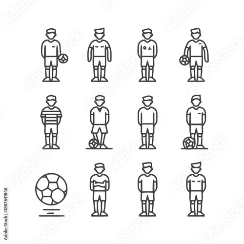 Soccer Players and Ball Icons: Minimalist Line Art Design.
