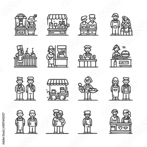 Line Art Illustrations of Food Vendors and Customers.