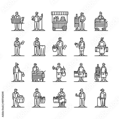 Line art illustrations of various vendors and market sellers.