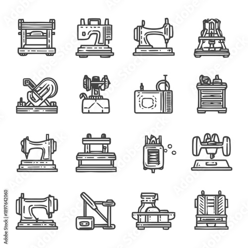 Collection of various sewing machine icons in a linear style.