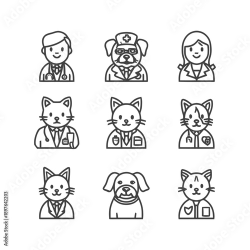 Veterinary Clinic Icons: Diverse Line Art Portraits of Professionals and Pets.