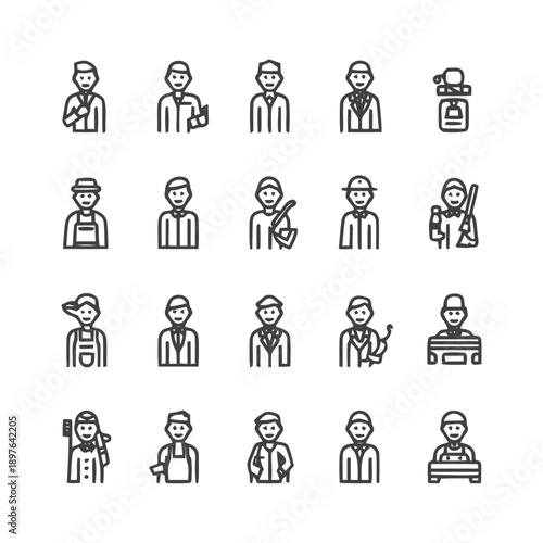 Diverse Line Art Icons Depicting Various Professions and Occupations.