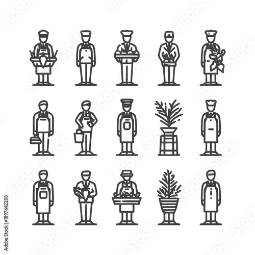 Line art illustrations of various people in different professions.
