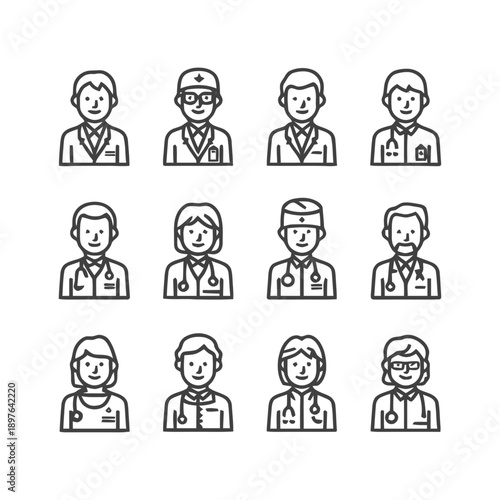 Medical Professionals: Diverse Line Art Portraits for Healthcare.