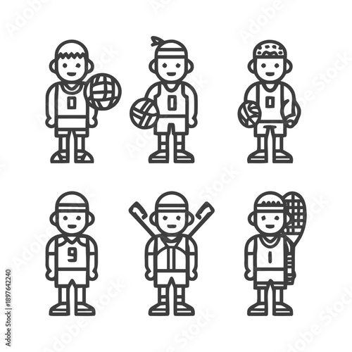 Sports Icons: Diverse Athletes in Action Line Art Style.