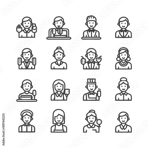 Diverse Line Art Icon Set Depicting Various Professions and Occupations.