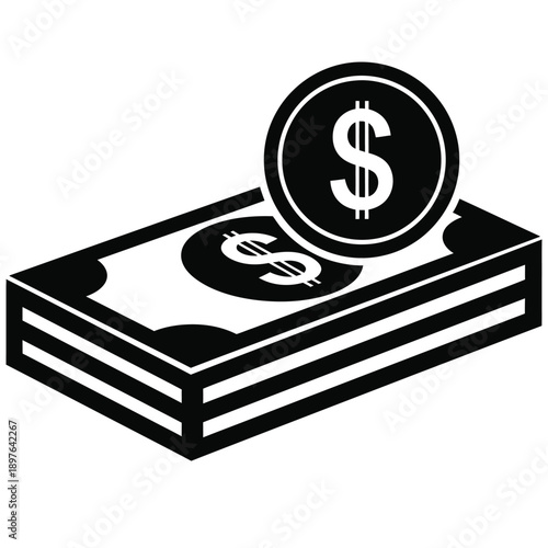 Stack of dollar bills with a dollar coin on top.