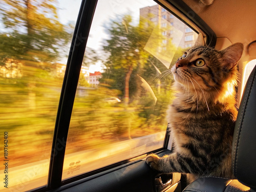 cat looks out the car window