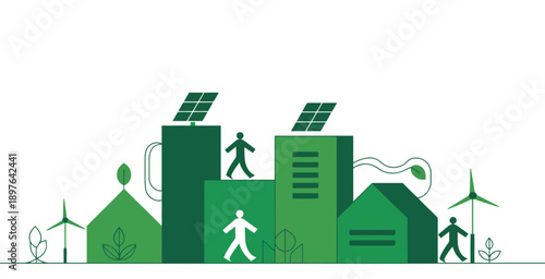 A green cityscape with solar panels and wind turbines representing a sustainable and eco-friendly urban environment