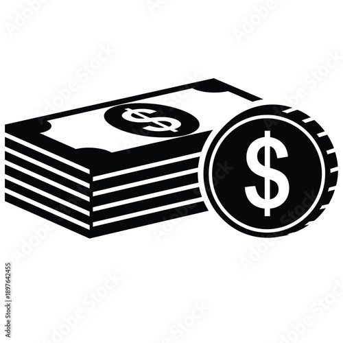 Stack of dollar bills and dollar coin icon.