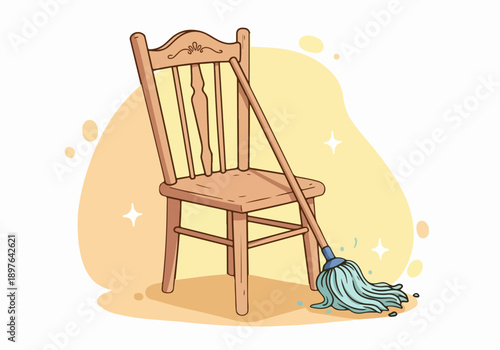 Cleaning Chair with Broom Illustration