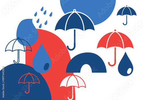 Colorful umbrella design featuring rain and various umbrella shapes. Modern, graphic background. Ideal for branding, marketing, and creative projects.