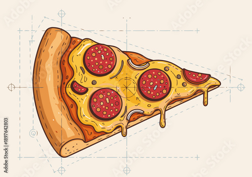 A detailed illustration of a traditional pepperoni pizza slice, rendered with geometric precision and a blueprint aesthetic. Perfect for food, design, or advertising.