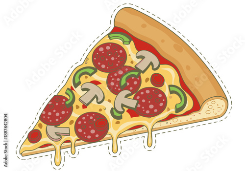 A delicious, dripping pizza slice illustration. Vibrant colors and detailed toppings create a mouthwatering, visually appealing design perfect for food-related projects.
