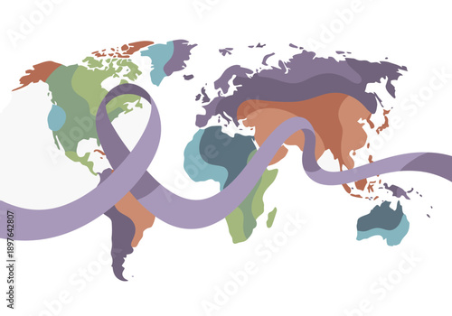 A global map intertwined with a ribbon, symbolizing unity and hope. Distinct color regions highlight diverse cultures. Modern, illustrative design.
