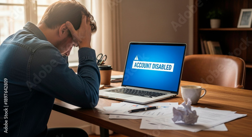 Stressed man working at home holding head while laptop shows account disabled error message, concept of online security issue, blocked access, cybersecurity problem, business frustration