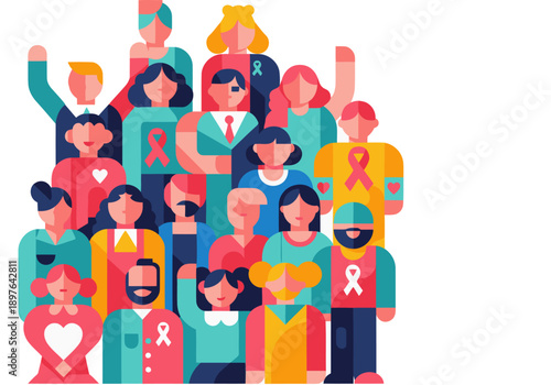 Diverse group celebrates Cancer Awareness colorful inclusive illustration featuring people of various ages genders and backgrounds wearing ribbons and expressing support Modern vibrant design