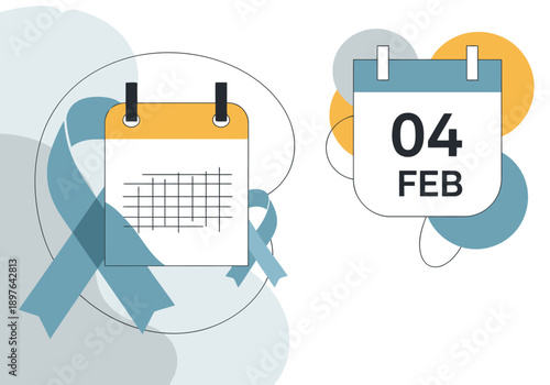 A graphic calendar illustration featuring a pink ribbon and the date February 4th, symbolizing Breast Cancer Awareness Month. Social media post design.