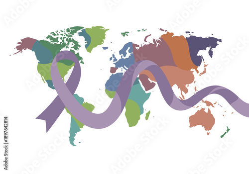 A global map overlaid with a purple ribbon, symbolizing unity and hope. Vibrant colors represent diverse regions. Ideal for social impact campaigns and awareness initiatives.