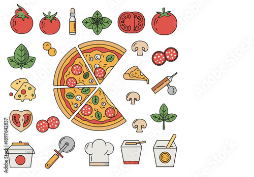 A vibrant flat-lay illustration featuring pizza icons and elements. Perfect for food-related greetings and marketing materials. Modern, colorful, and visually appealing.