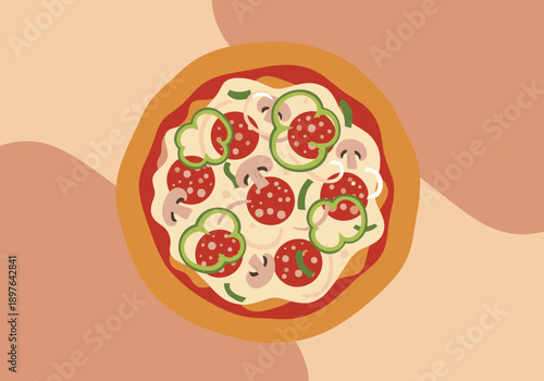 A vibrant illustration of a pepperoni pizza with mushrooms and green peppers. Clean, modern design, perfect for food marketing and advertising.