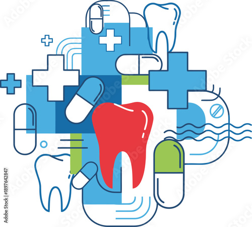 A vibrant flyer depicting a toothache with medical symbols and pills. Geometric shapes and a stylized tooth create a modern, informative design. Suitable for healthcare promotions.
